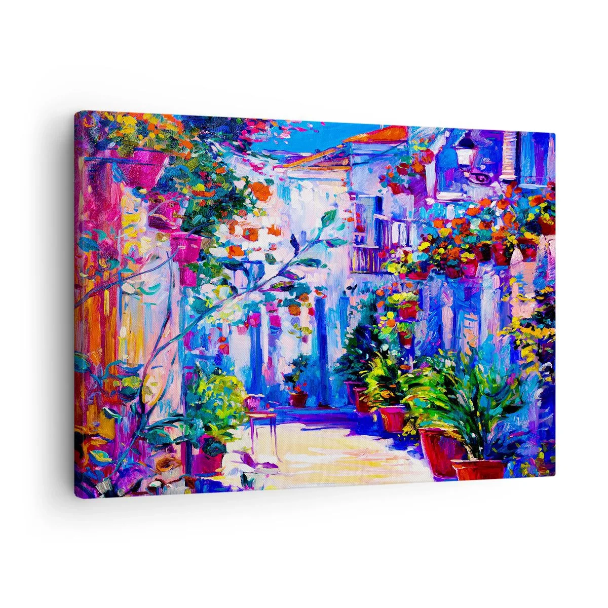 Canvastavla - Bild på duk - En färgglad gata full av blommor - 70x50cm - Impression - italiensk gränd - Modern väggdekoration för vardagsrum och sovrum ARTTOR