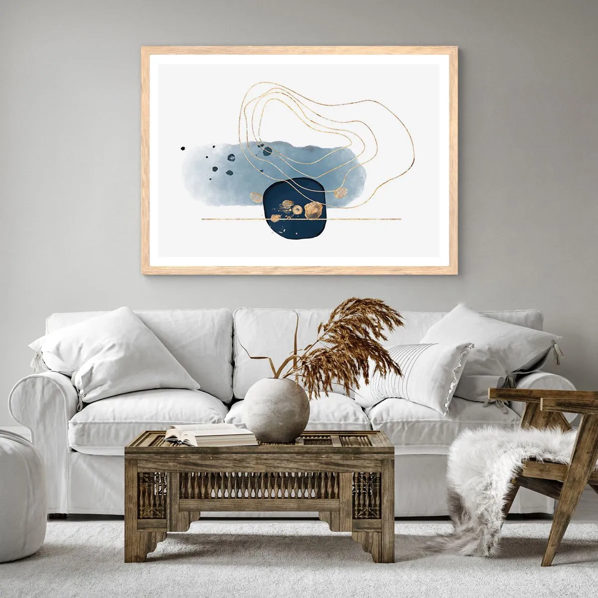 Affisch i ram av ljusek - Blå-guld fantasi - 100x70 cm