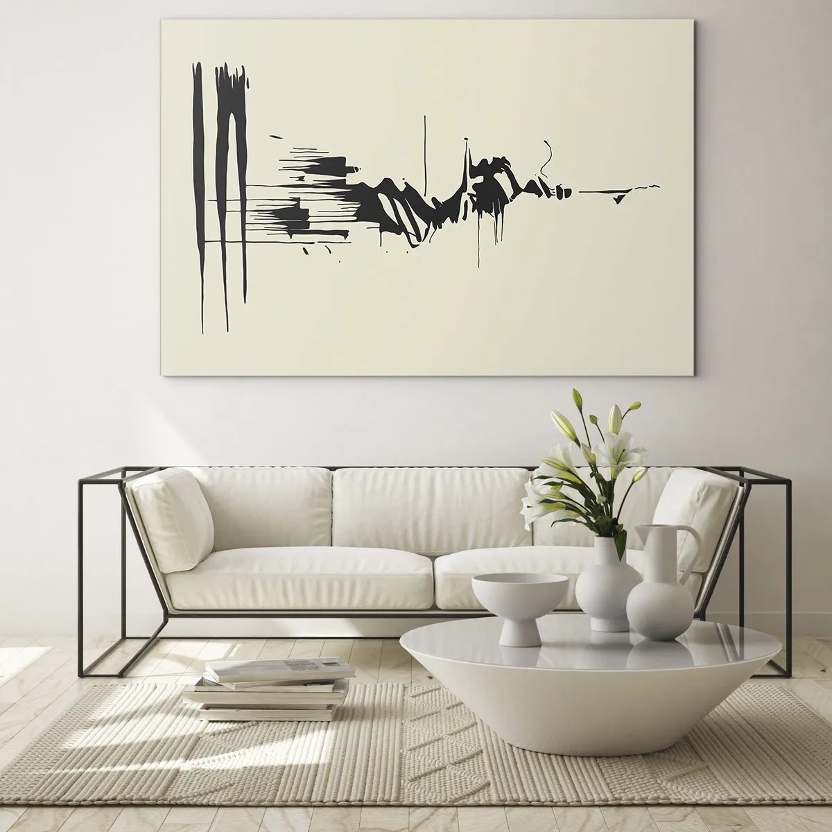 Glastavla - Bild på glas - Svarta dynamiska linjer och fläckar på en ljus bakgrund i abstrakt stil. - 70x50cm - Skyndsam abstraktion - Modern väggdekoration för vardagsrum och sovrum ARTTOR
