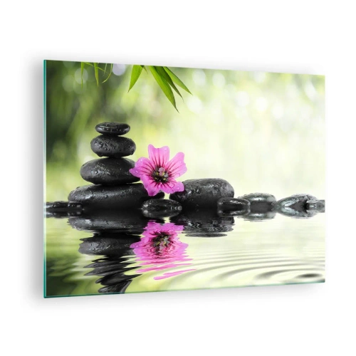 Glastavla - Bild på glas - Svarta stenar och en rosa blomma mot naturens bakgrund - 70x50cm - Tid för själen - Modern väggdekoration för vardagsrum och sovrum ARTTOR