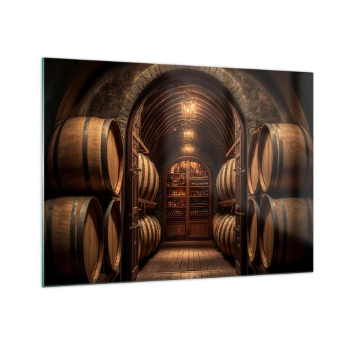 Glastavla - Bild på glas - En vingård med fat och en upplyst källare full av flaskor - 70x50cm - Stämningsfull källare - Modern väggdekoration för vardagsrum och sovrum ARTTOR