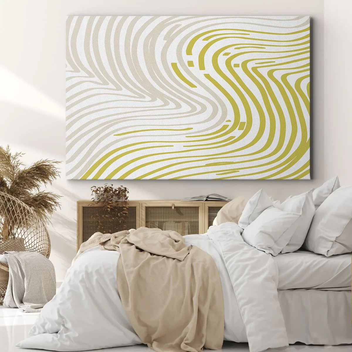Canvastavla - Bild på duk - Ett abstrakt mönster med vågiga linjer i nyanser av gult och beige. - 70x50cm - Komposition med en mjuk böjning - Modern väggdekoration för vardagsrum och sovrum ARTTOR