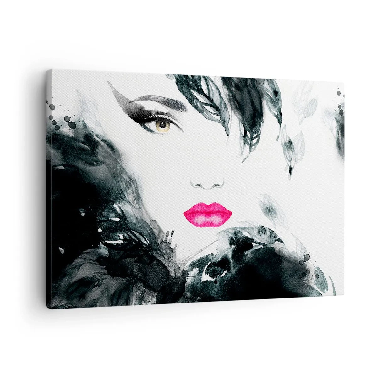 Canvastavla - Bild på duk - Konstnärligt porträtt av en kvinna med intensivt rosa läppar - 70x50cm - Observera! Femme fatale - Modern väggdekoration för vardagsrum och sovrum ARTTOR