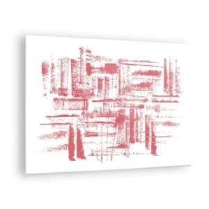 Glastavla - Bild på glas - En abstrakt komposition i rött som liknar konturerna av stadsarkitektur. - 70x50cm - Röd stad - Modern väggdekoration för vardagsrum och sovrum ARTTOR