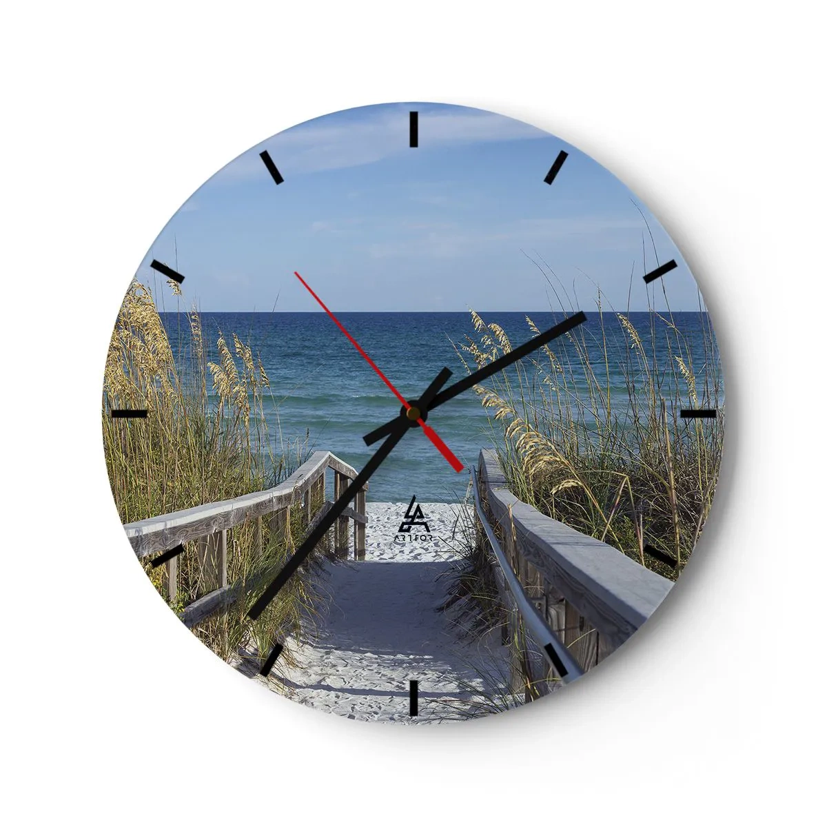 Väggklocka - Klocka på glas - Ingång till stranden med havsutsikt - 30x30cm - I solen, i vinden - Modern väggdekoration för vardagsrum, kök och sovrum ARTTOR