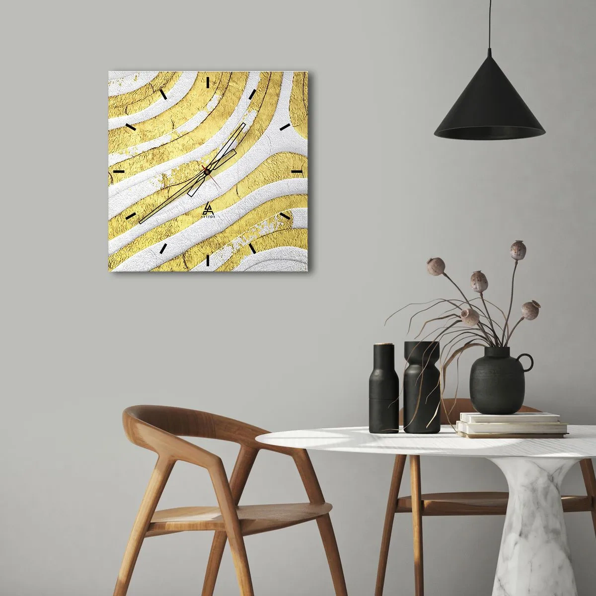 Väggklocka - Klocka på glas - Komposition i vitt och guld - 40x40 cm