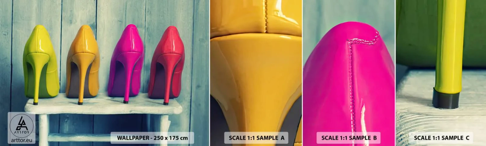 Provbit av självhäftande fototapet Deluxe Sticker - En promenad på regnbågen - Mode, Kvinna, Kvinno skor - 100x30 cm