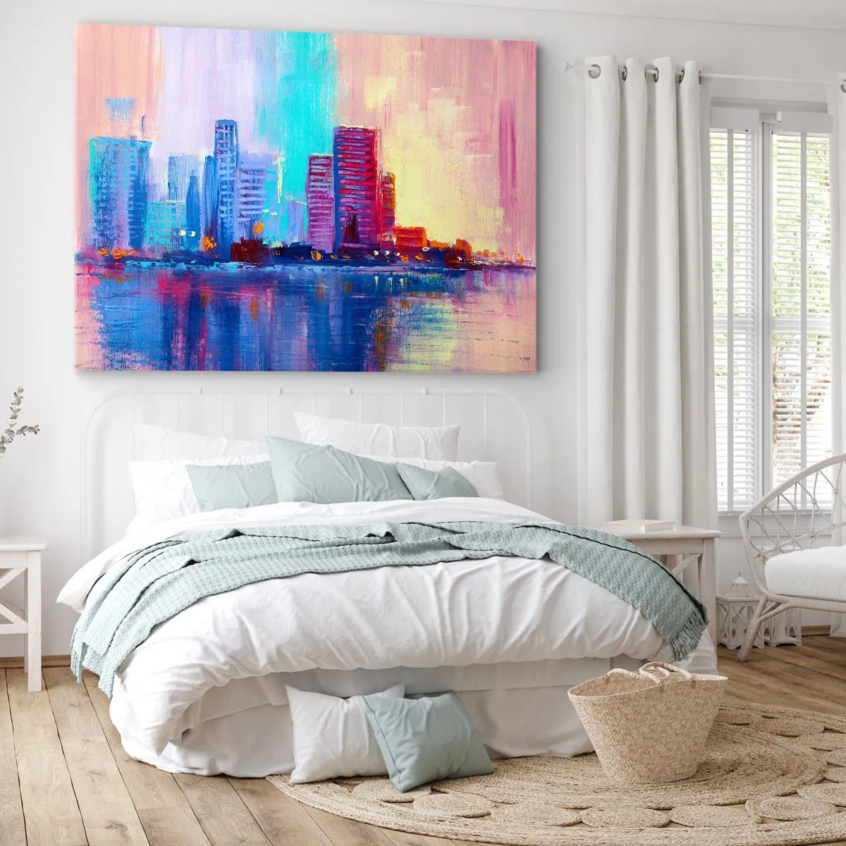 Canvastavla - Bild på duk - Ett färgglatt panorama över staden i akvarellstil - 70x50cm - Doppade i färger - Modern väggdekoration för vardagsrum och sovrum ARTTOR