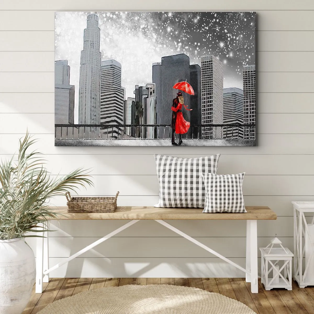 Canvastavla - Bild på duk - Ett par i rött med ett paraply mot bakgrund av ett urbant landskap - 70x50cm - Människan är inte sten - Modern väggdekoration för vardagsrum och sovrum ARTTOR