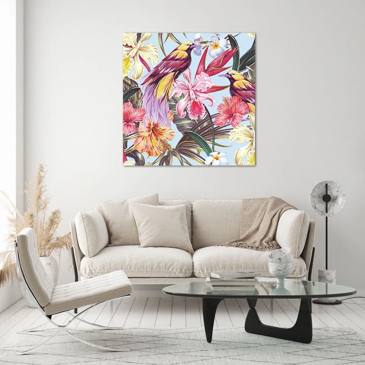 Glastavla - Bild på glas - Flingor och fjädrar - 40x40 cm