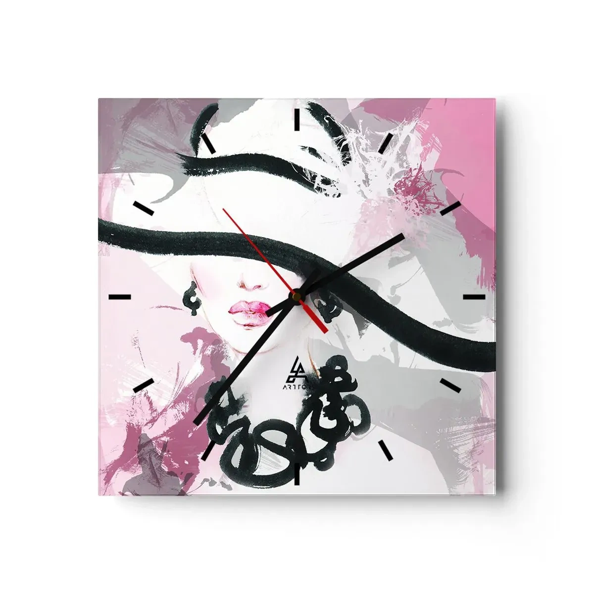 Väggklocka - Klocka på glas - En damportätt i svart och rosa - 40x40 cm