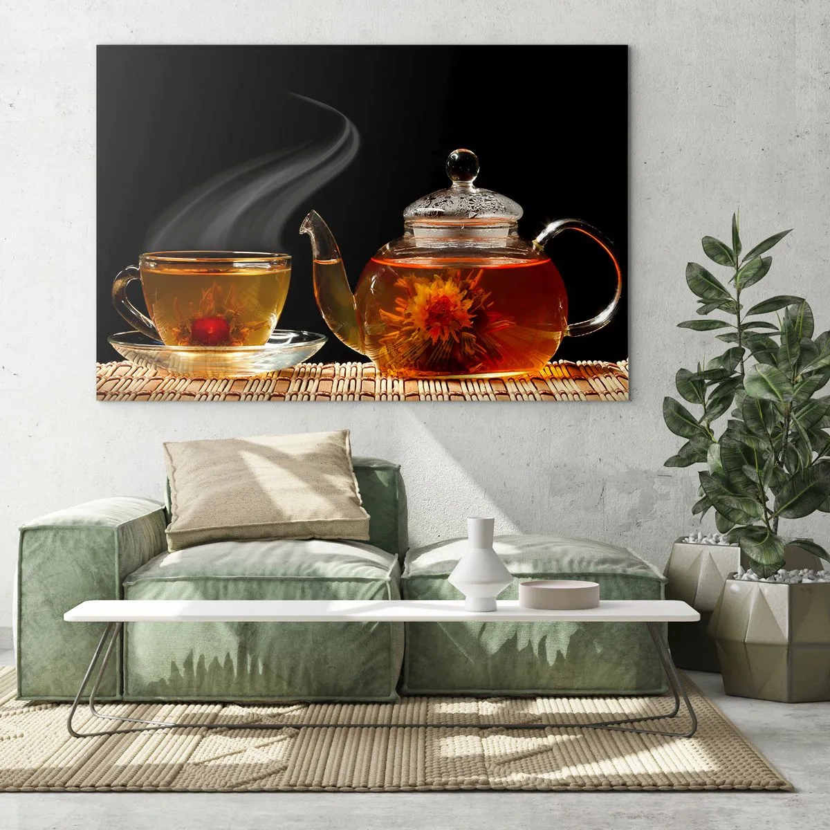 Glastavla - Bild på glas - En glaskanna och en kopp te med en blomma på svart bakgrund - 70x50cm - Magin och konsten att brygga te - Modern väggdekoration för vardagsrum och sovrum ARTTOR