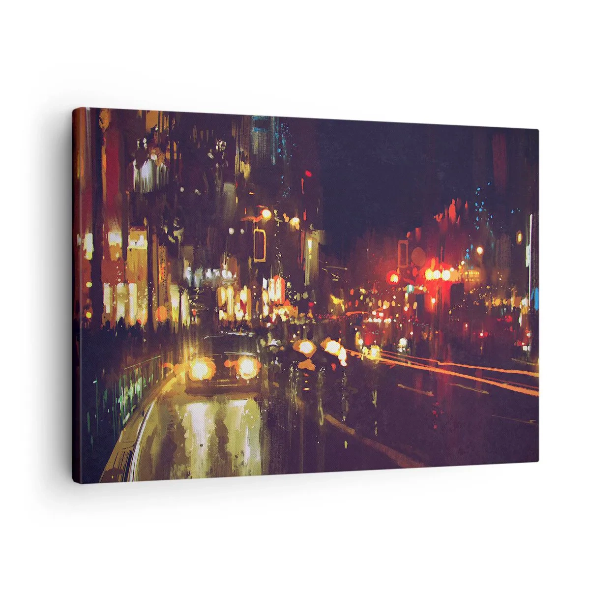 Canvastavla - Bild på duk - Nattstadsscen med färgglada ljus och gatureflektioner - 70x50cm - Doppad i nattljuset - Modern väggdekoration för vardagsrum och sovrum ARTTOR