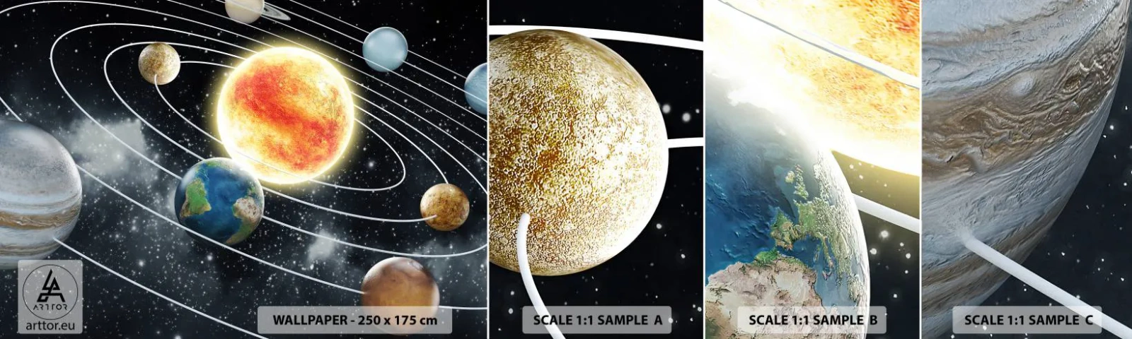 Provbit av självhäftande fototapet Deluxe Sticker - Rymddans - Kosmos, Galaxy, Solsystem - 100x30 cm