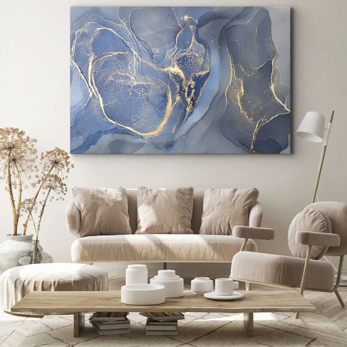 Canvastavla - Bild på duk - Abstrakta blå mönster med gulddetaljer - 70x50cm - Gulddamm - Modern väggdekoration för vardagsrum och sovrum ARTTOR