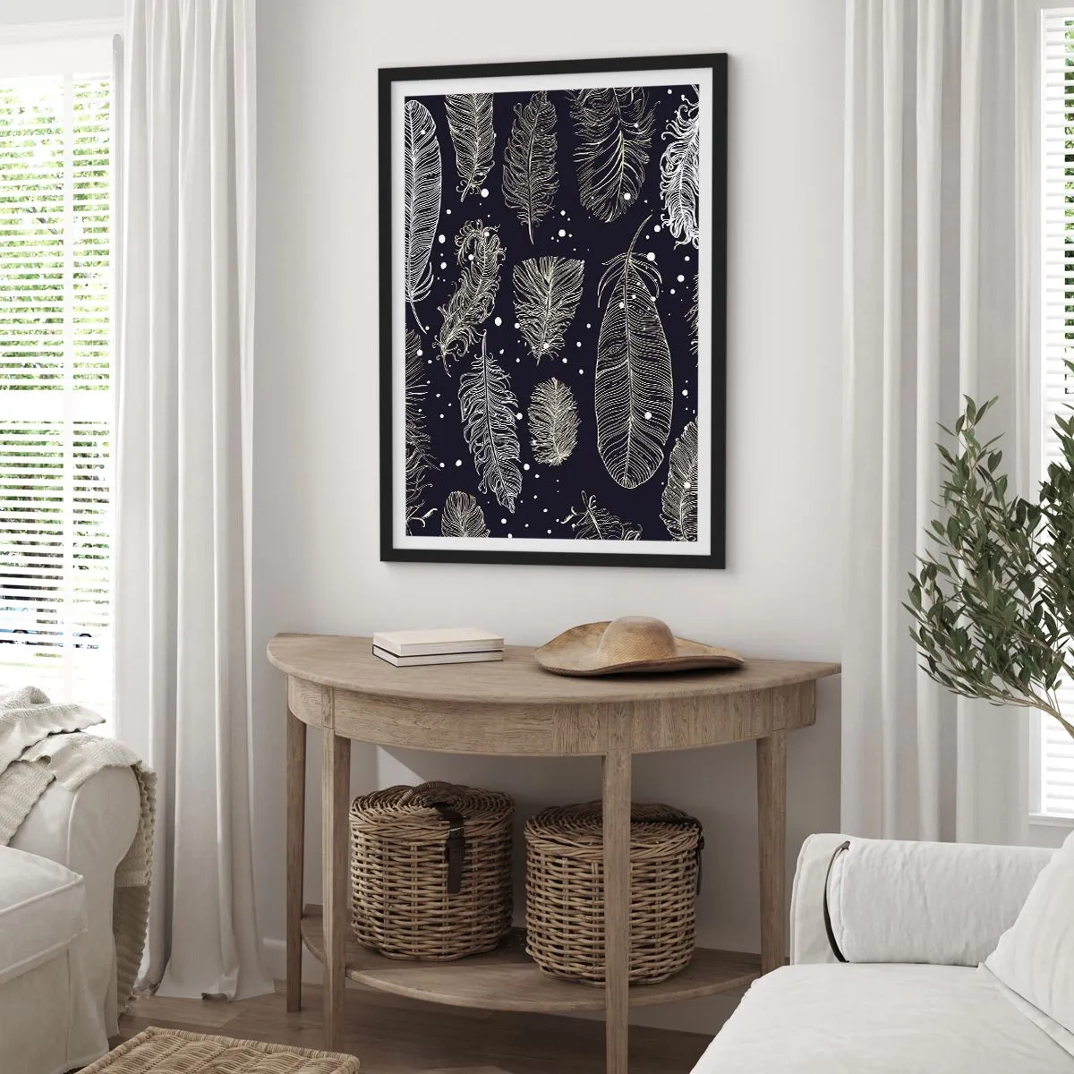 Affisch i svart ram - Vita fjädrar på svart bakgrund i ett elegant arrangemang - 50x70cm - Fjäderspets - Modern väggdekoration för vardagsrum och sovrum ARTTOR