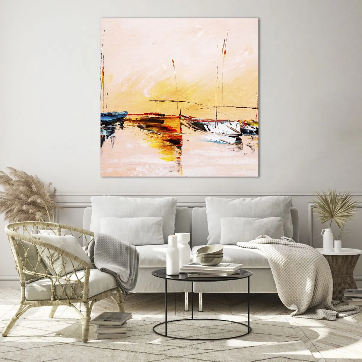 Glastavla - Bild på glas - En kväll i hamnen - 40x40 cm