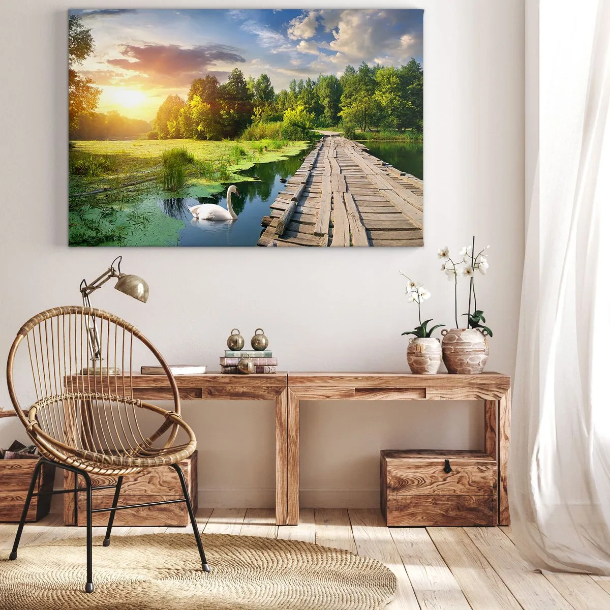 Canvastavla - Bild på duk - Ett pittoreskt landskap med en bro och en svan - 70x50cm - Sommar, sommar överallt - Modern väggdekoration för vardagsrum och sovrum ARTTOR