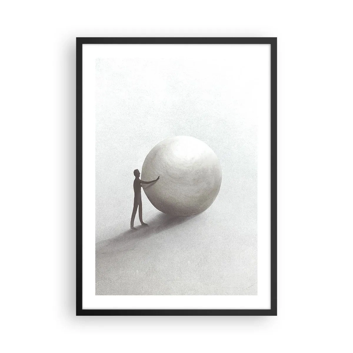 Affisch i svart ram - En minimalistisk figur med en stor boll mot en neutral bakgrund. - 50x70cm - Livets spel - Modern väggdekoration för vardagsrum och sovrum ARTTOR