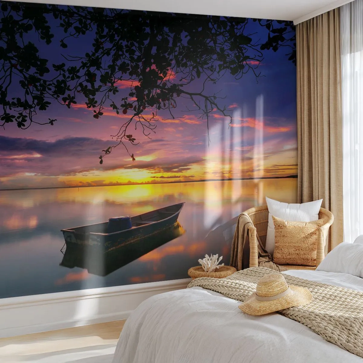 Fototapet Premium Sand - "Du verkar hänga i mitten av himmelvalvet…" - Landskap, Solnedgång, Sjö - 100x70 cm