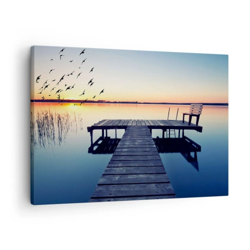 Canvastavla - Bild på duk - Träpir vid en sjö vid soluppgång med fåglar - 70x50cm - Det var en bra dag - Modern väggdekoration för vardagsrum och sovrum ARTTOR