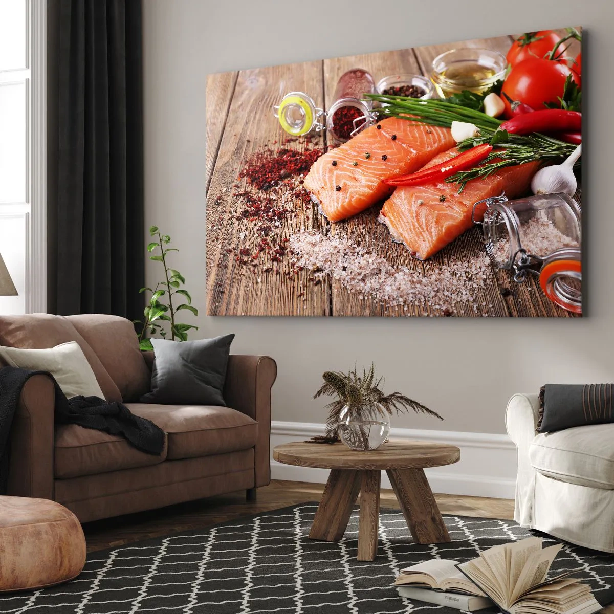 Canvastavla - Bild på duk - Laxfiléer med kryddor på en träbakgrund - 70x50cm - Norskt äventyr i köket - Modern väggdekoration för vardagsrum och sovrum ARTTOR