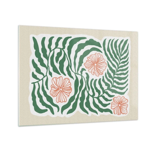 Glastavla - Bild på glas - Gröna blad och röda blommor i ett grafiskt arrangemang - 70x50cm - Blommande i grönt - Modern väggdekoration för vardagsrum och sovrum ARTTOR