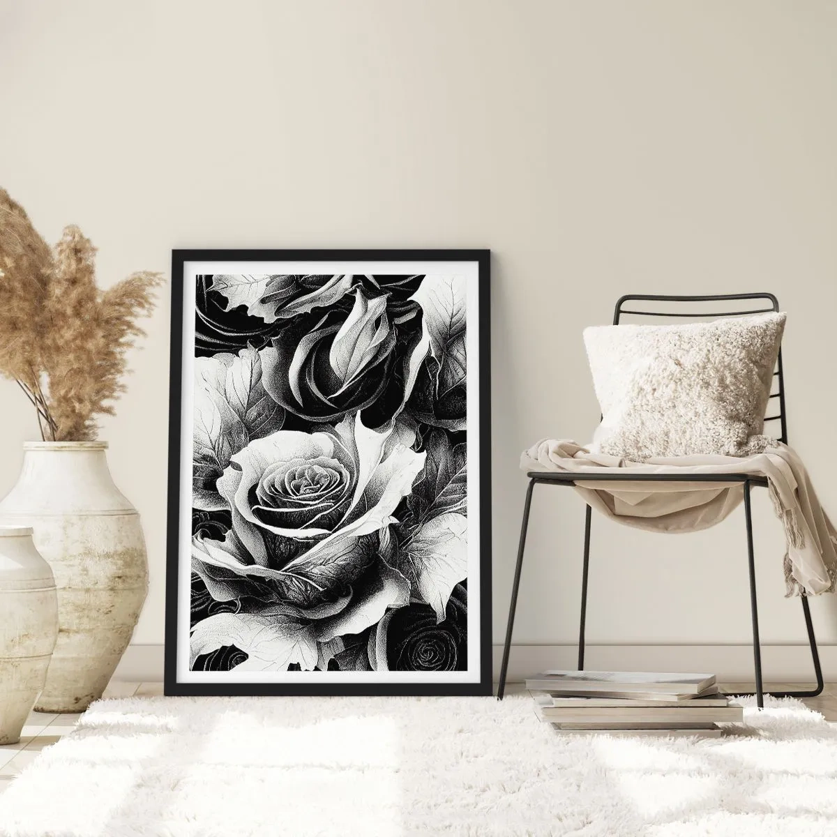 Affisch i svart ram - En svartvit komposition av rosor med uttrycksfullt chiaroscuro - 50x70cm - Alltid drottningen - Modern väggdekoration för vardagsrum och sovrum ARTTOR