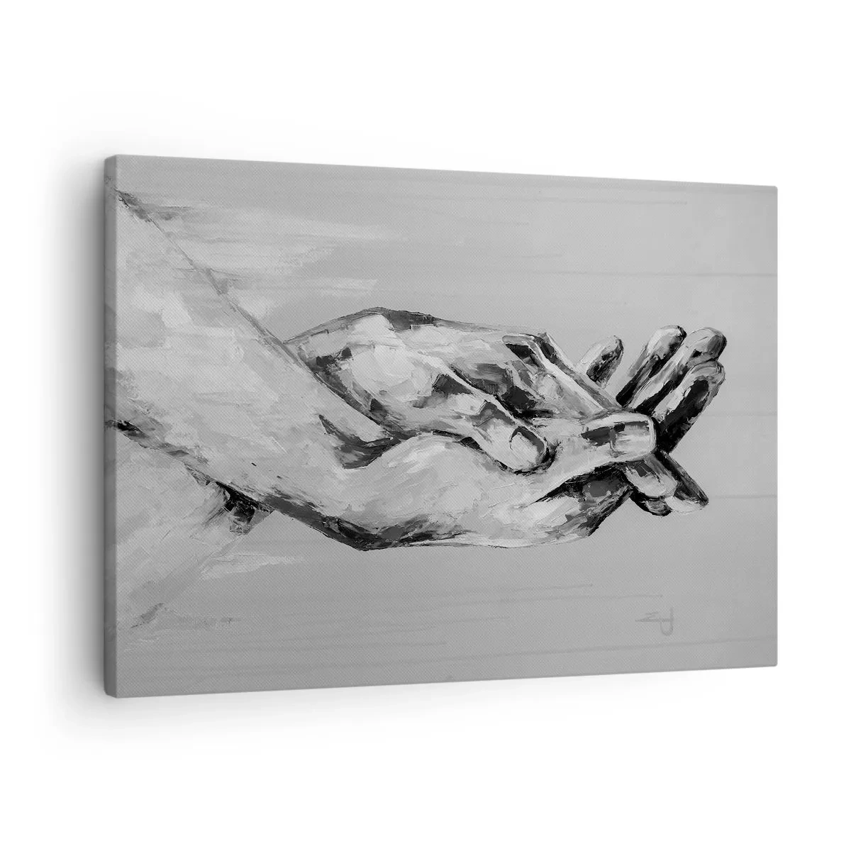 Canvastavla - Bild på duk - En svartvit komposition av två knäppta händer mot en ljus bakgrund. - 70x50cm - Början... - Modern väggdekoration för vardagsrum och sovrum ARTTOR
