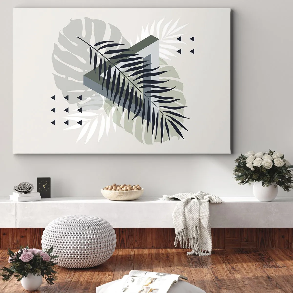 Canvastavla - Bild på duk - Geometrisk komposition med tropiska löv i nyanser av grönt - 70x50cm - Natur och geometri – två ordningar? - Modern väggdekoration för vardagsrum och sovrum ARTTOR