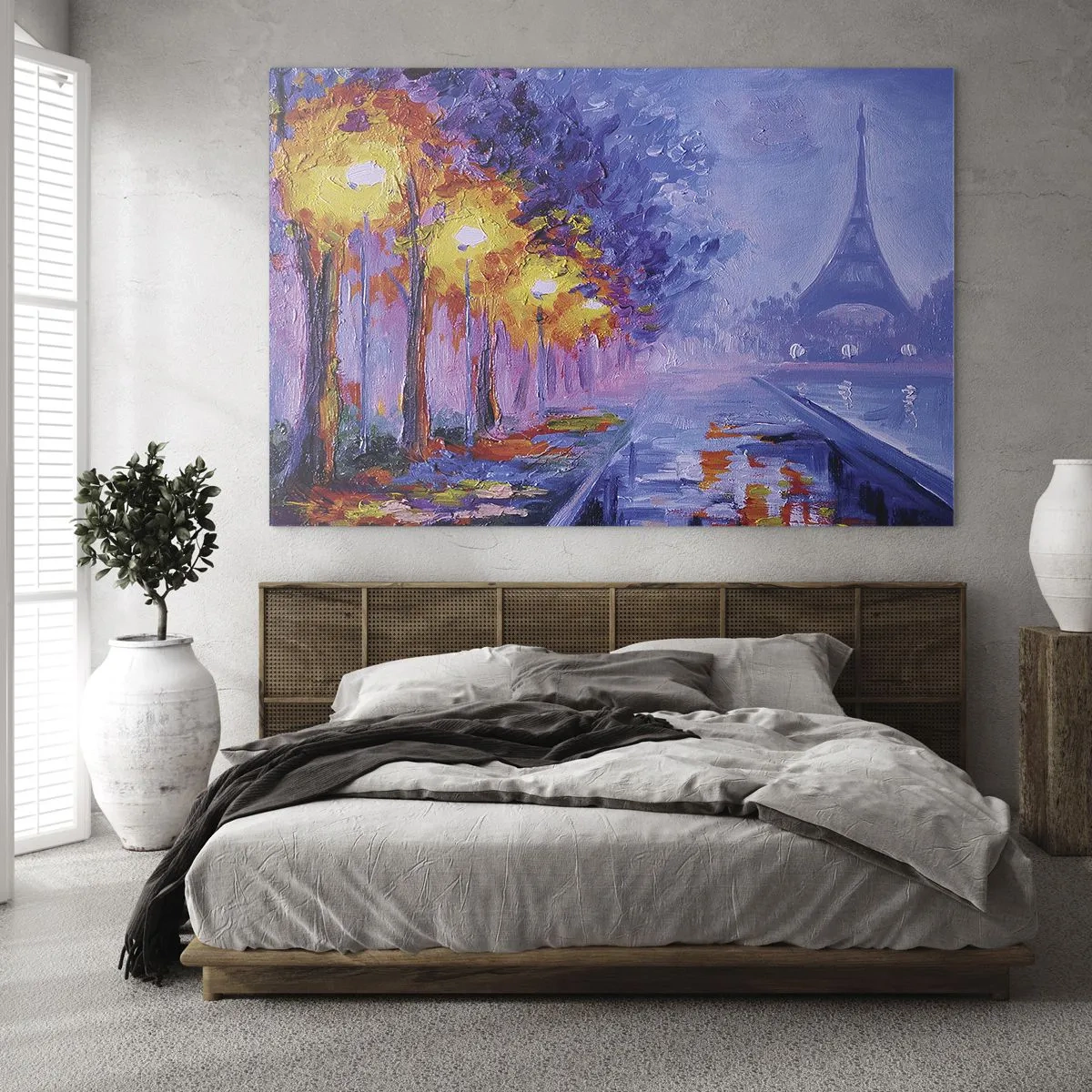 Glastavla - Bild på glas - Kvällspromenad i Paris med Eiffeltornet - 70x50cm - Drömpromenad - Modern väggdekoration för vardagsrum och sovrum ARTTOR