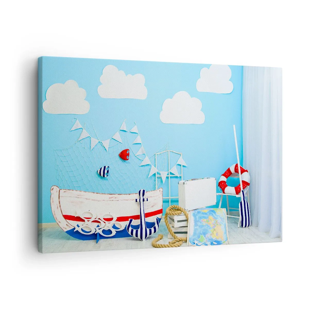 Canvastavla - Bild på duk - Nautisk dekoration med en båt och tillbehör på en blå bakgrund - 70x50cm - Barnlängtan till naturen - Modern väggdekoration för vardagsrum och sovrum ARTTOR