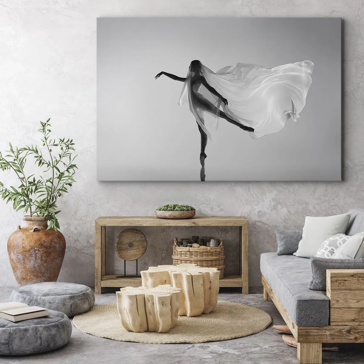 Canvastavla - Bild på duk - En dansare i en eterisk pose med böljande tyg - 70x50cm - Lätthet och grace - Modern väggdekoration för vardagsrum och sovrum ARTTOR