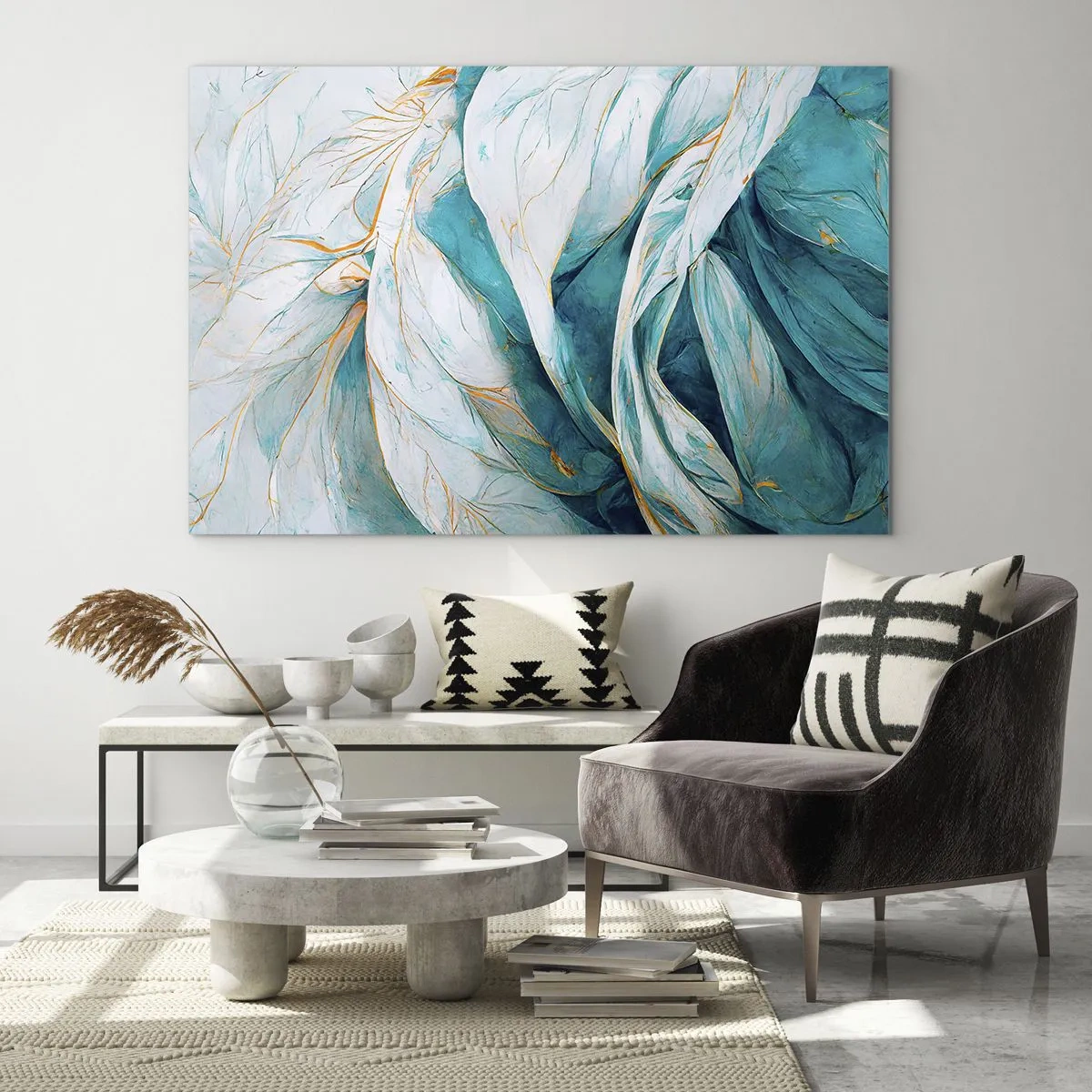 Glastavla - Bild på glas - Organisk abstraktion i blå och guldfärgade linjer - 70x50cm - Blå abstraktion med guldmotiv - Modern väggdekoration för vardagsrum och sovrum ARTTOR