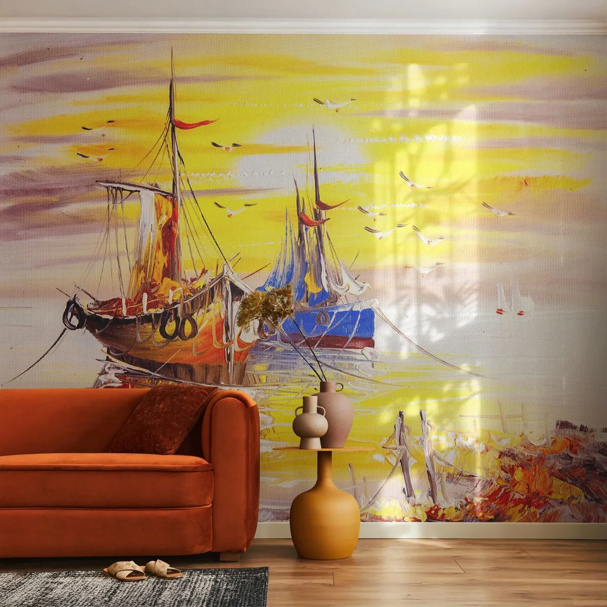 Självhäftande Fototapet Deluxe Sticker - Välförtjänt vila i hamnen - Fiskebåt, Fiske, Fåglar - 250x175 cm