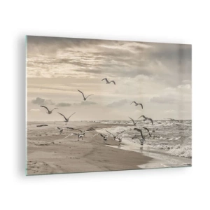 Glastavla - Bild på glas - Fåglar på stranden i gryningen i sepiatoner - 70x50cm - Havets brus, fågelsång - Modern väggdekoration för vardagsrum och sovrum ARTTOR