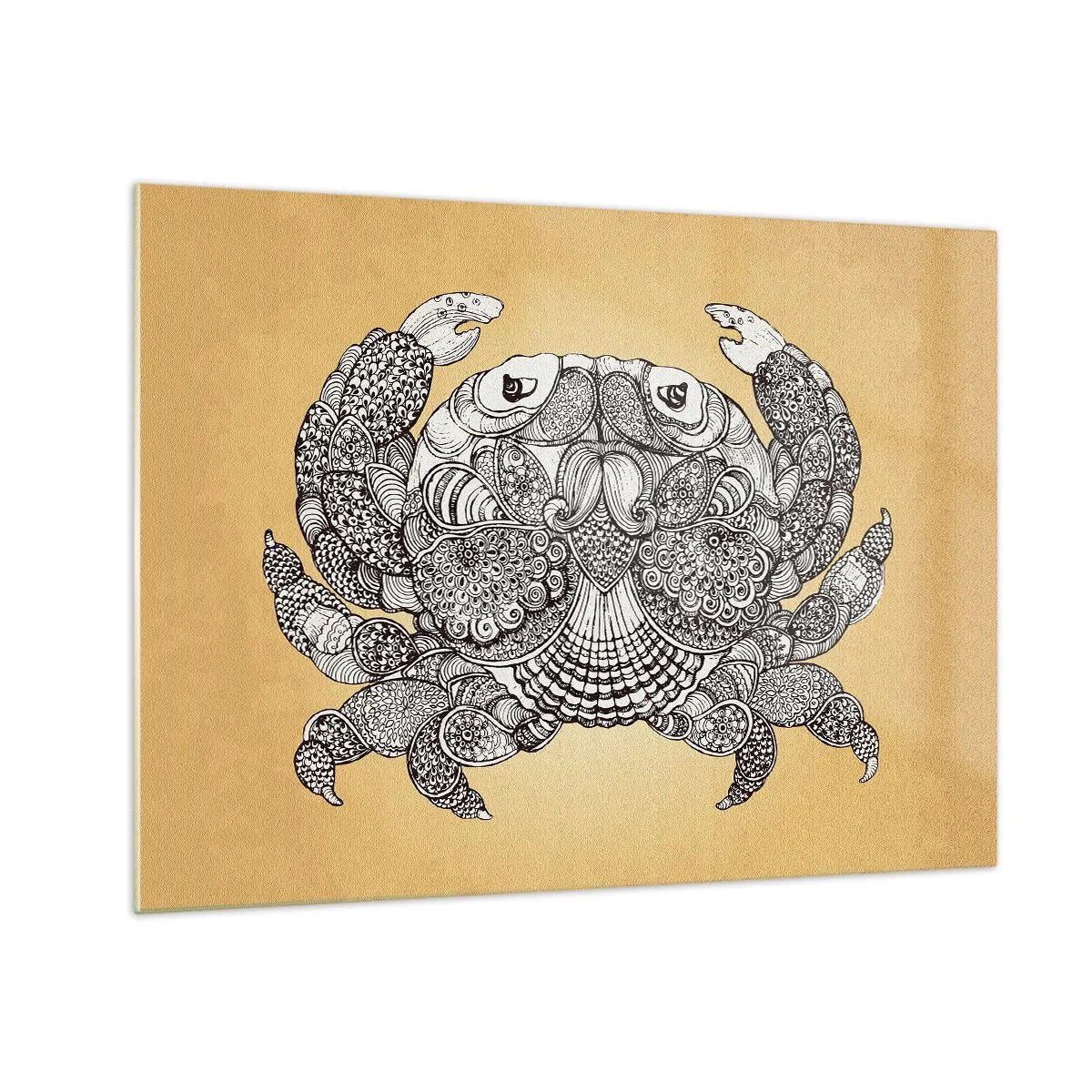 Glastavla - Bild på glas - Stiliserad teckning av en krabba med ornament på gul bakgrund - 70x50cm - Herr Krabba berättar - Modern väggdekoration för vardagsrum och sovrum ARTTOR