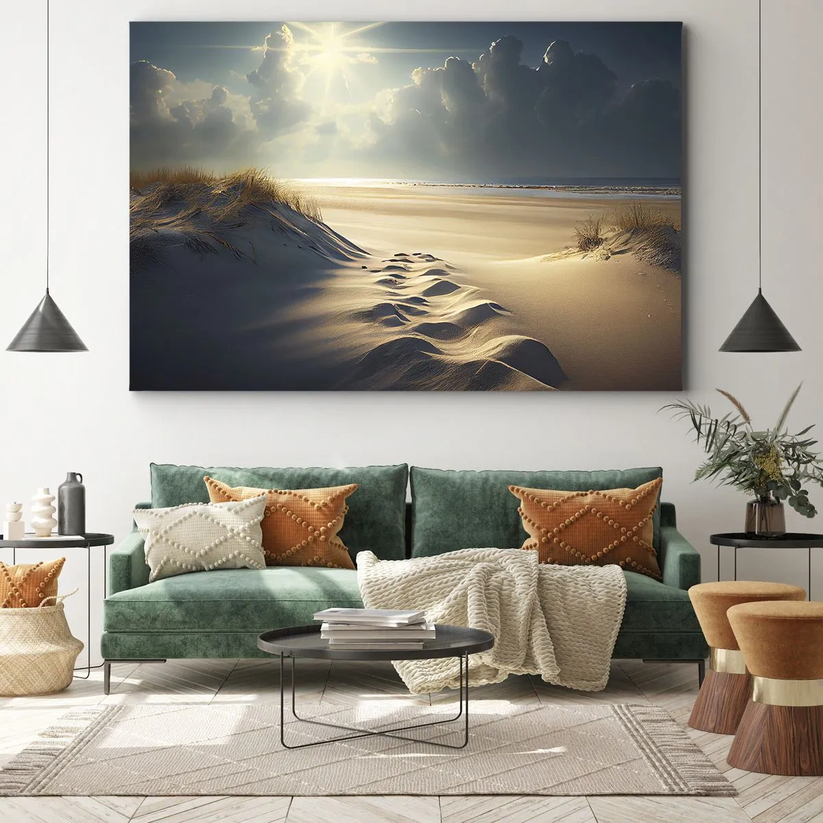 Canvastavla - Bild på duk - Gyllene sanddyner på stranden vid solnedgången med utsikt över havet - 70x50cm - Lugnande landskap - Modern väggdekoration för vardagsrum och sovrum ARTTOR