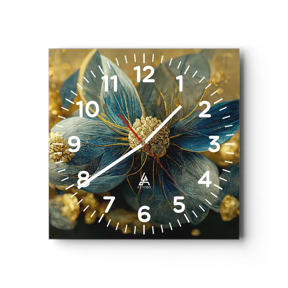 Väggklocka - Klocka på glas - Blommande av guld - 30x30 cm