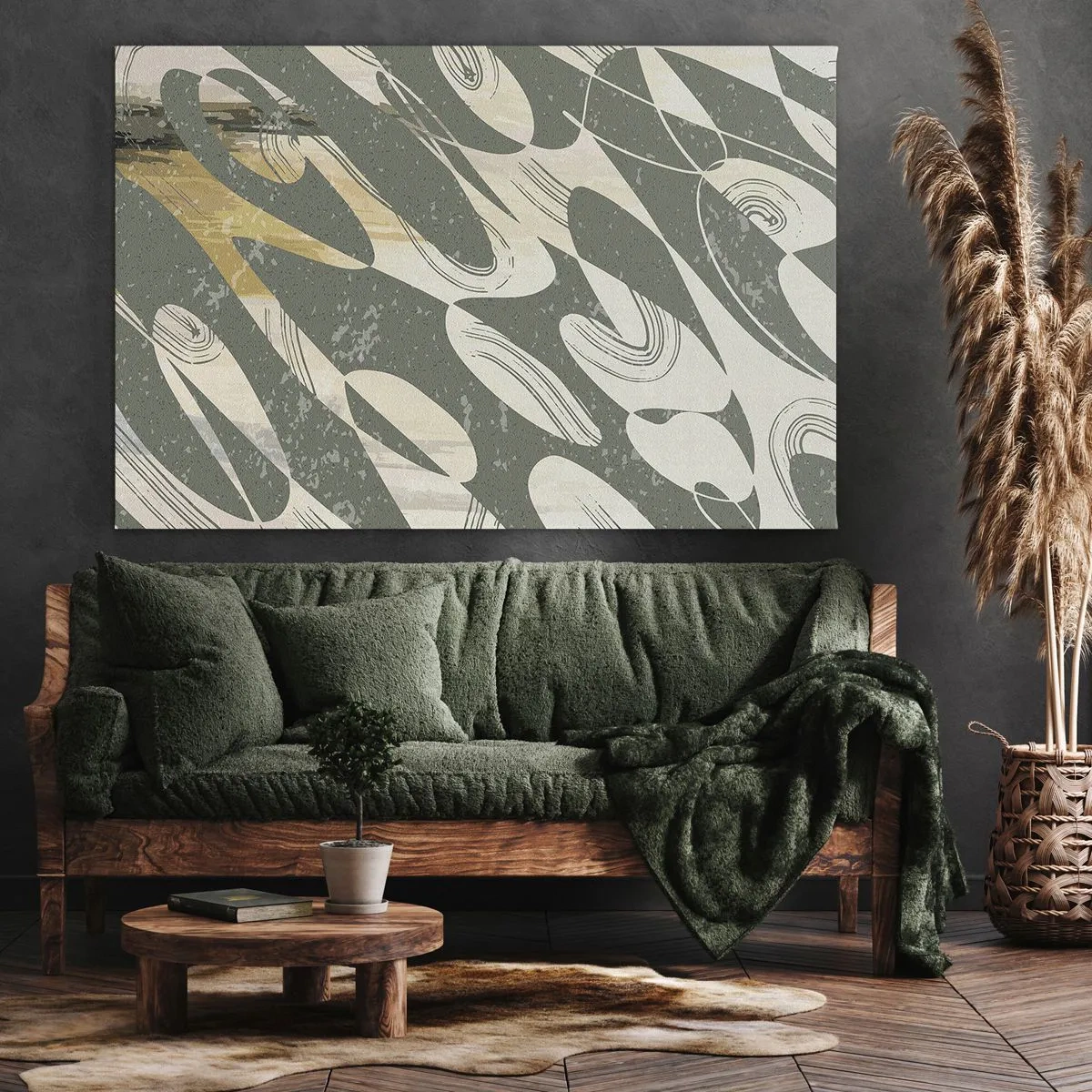 Canvastavla - Bild på duk - Dynamiska former i nyanser av grönt och guld - 70x50cm - Rytmisk abstraktion - Modern väggdekoration för vardagsrum och sovrum ARTTOR