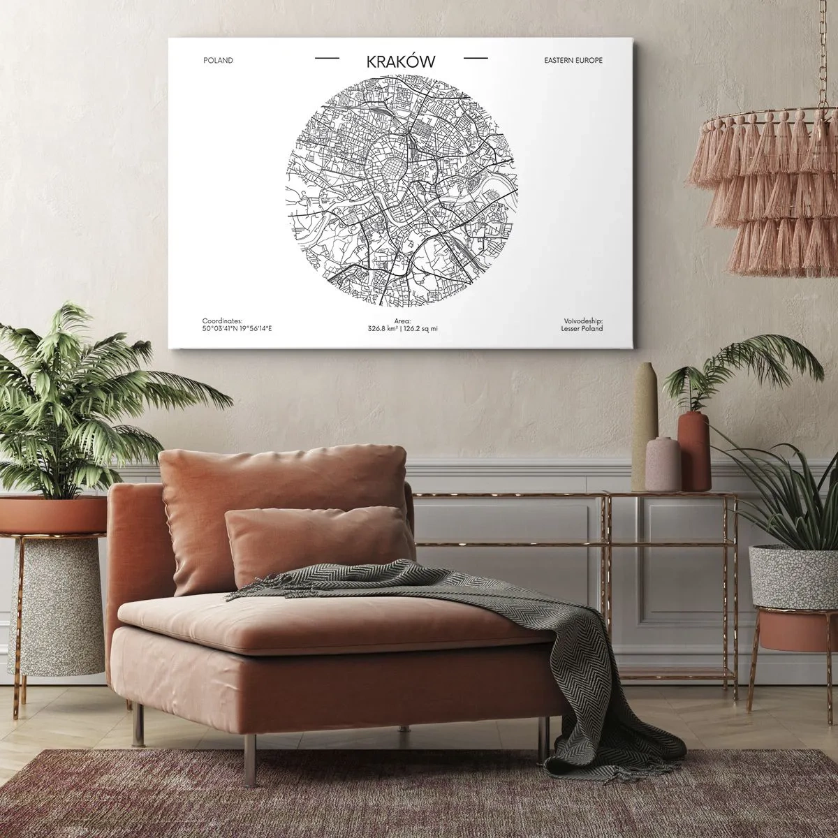 Canvastavla - Bild på duk - En karta över Krakow i minimalistisk stil - 70x50cm - Krakóws anatomi - Modern väggdekoration för vardagsrum och sovrum ARTTOR