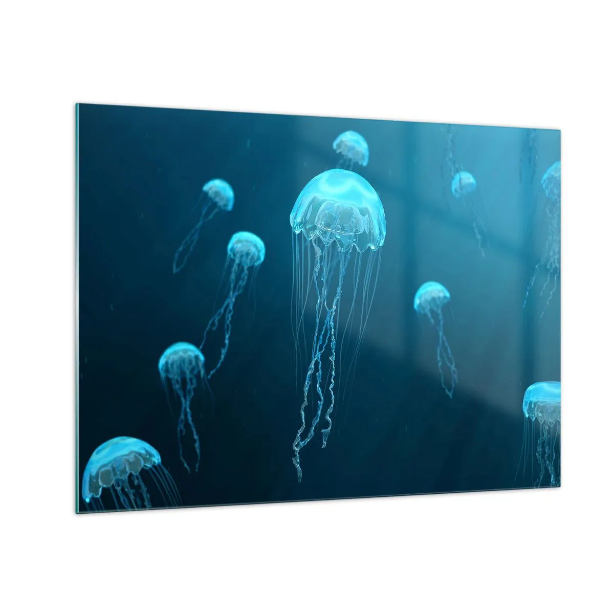 Glastavla - Bild på glas - Maneter som flyter i det djupblå havet - 70x50cm - Havets dans - Modern väggdekoration för vardagsrum och sovrum ARTTOR