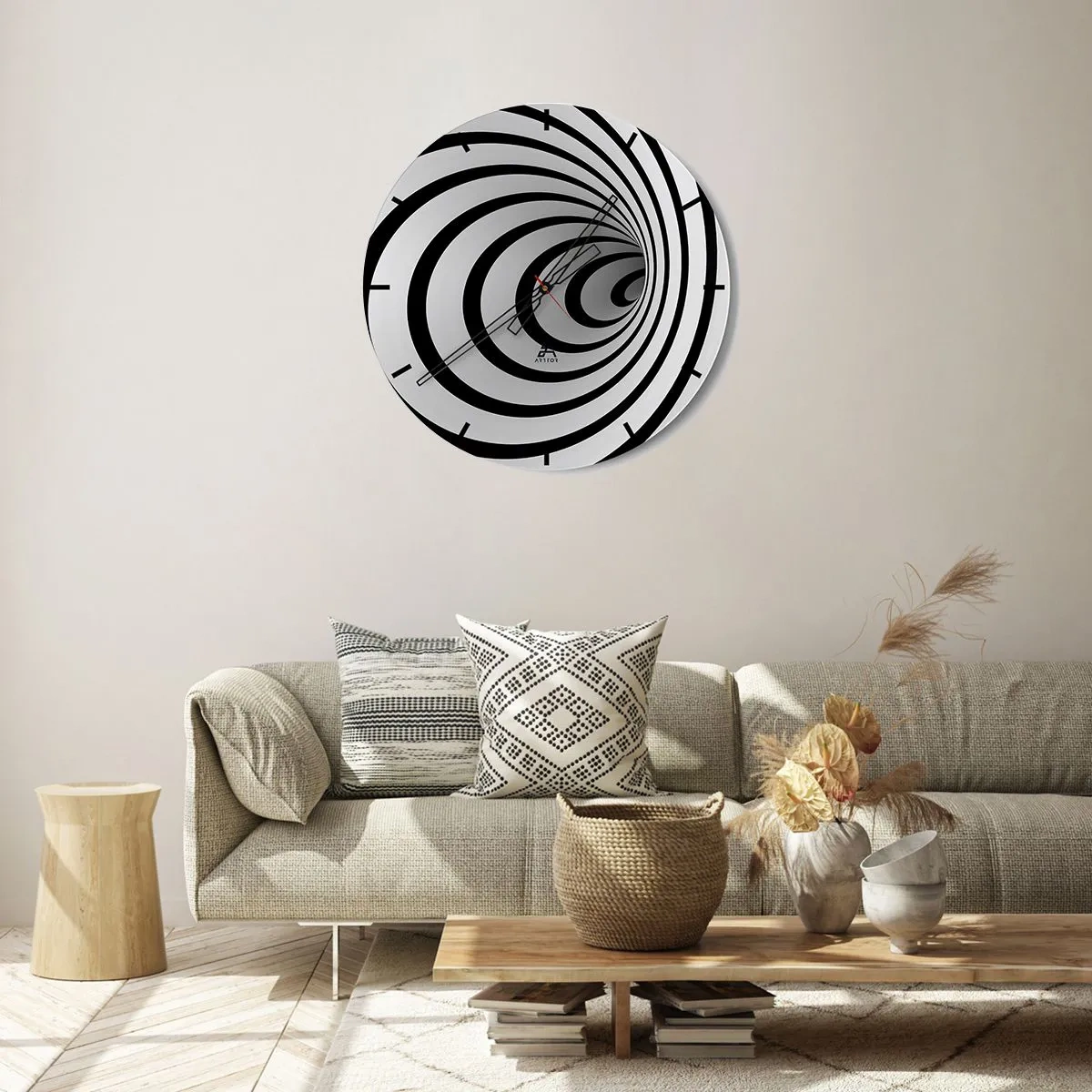 Väggklocka - Klocka på glas - Ett fascinerande spiralmönster i svartvitt - 30x30cm - Kan du inte motstå? - Modern väggdekoration för vardagsrum, kök och sovrum ARTTOR