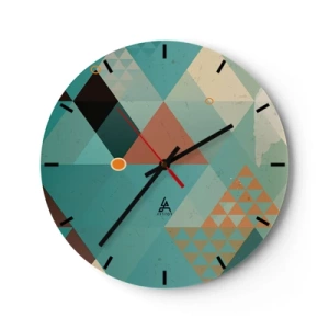 Väggklocka - Klocka på glas - En geometrisk komposition av trianglar i nyanser av grönt och beige. - 30x30cm - Mångfaldens enighet, enighetens mångfald - Modern väggdekoration för vardagsrum, kök och sovrum ARTTOR