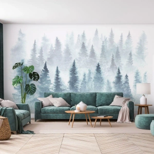 Fototapet på mått Standard Eco - Insvepta i dimma - Landskap, Skog, Gran