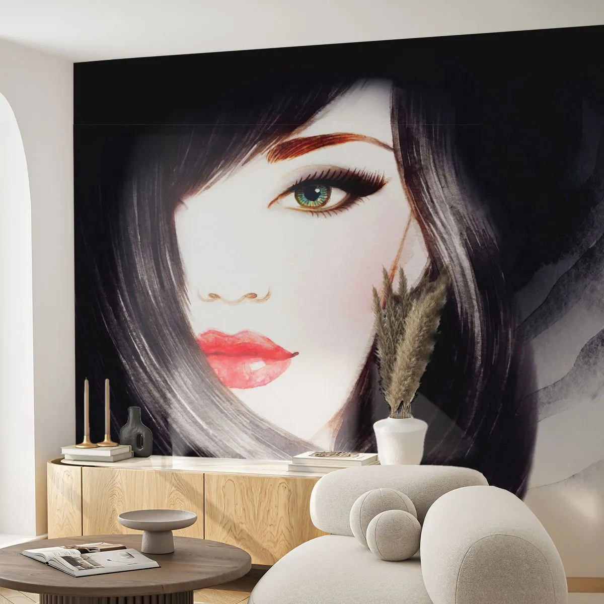 Självhäftande Fototapet Deluxe Sticker - Safirfärgad blick - Kvinnans ansikte, röda läppar, Gröna ögon - 500x350 cm