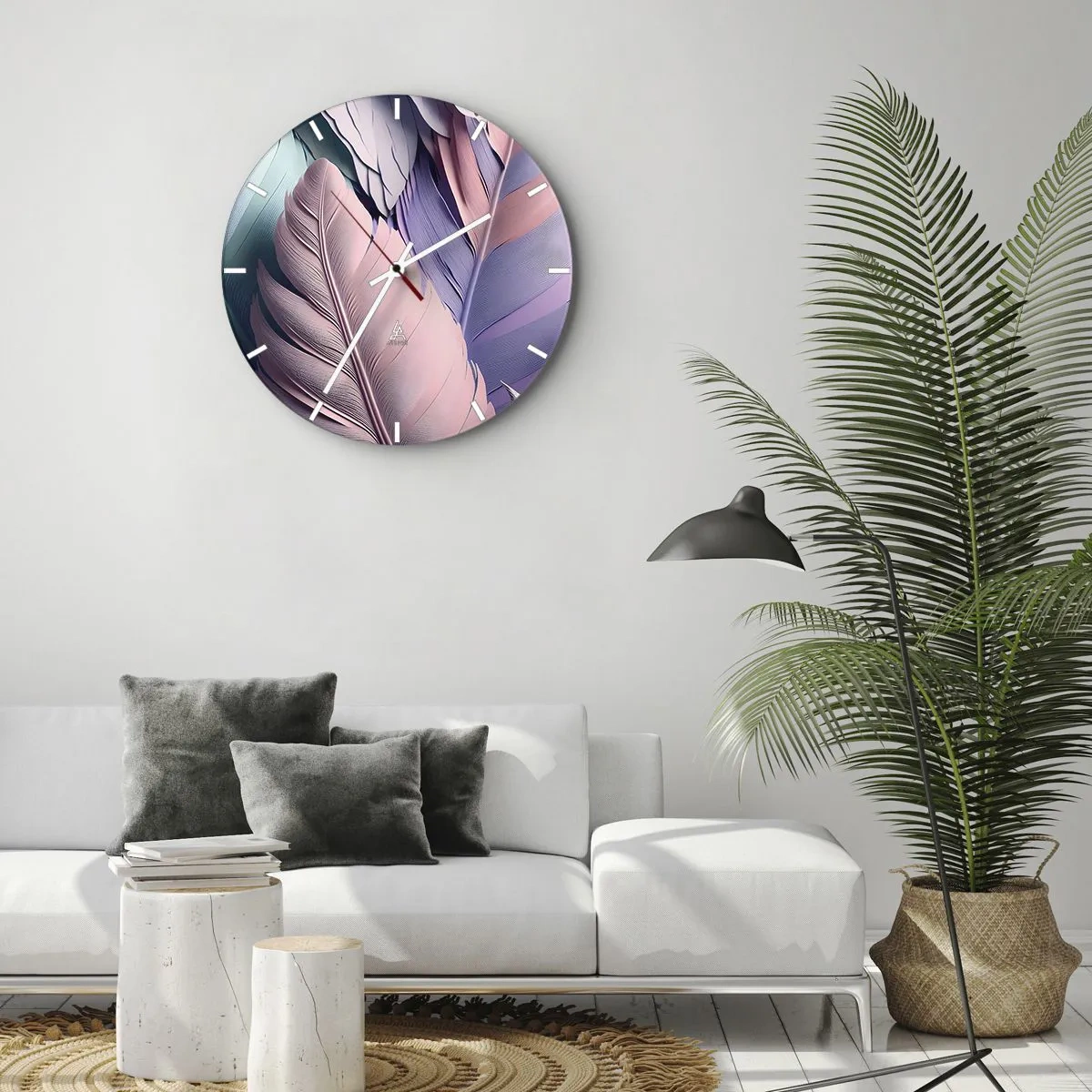 Väggklocka - Klocka på glas - Färgglada fjädrar i pastellfärger på klockan - 30x30cm - Fågelstil - Modern väggdekoration för vardagsrum, kök och sovrum ARTTOR