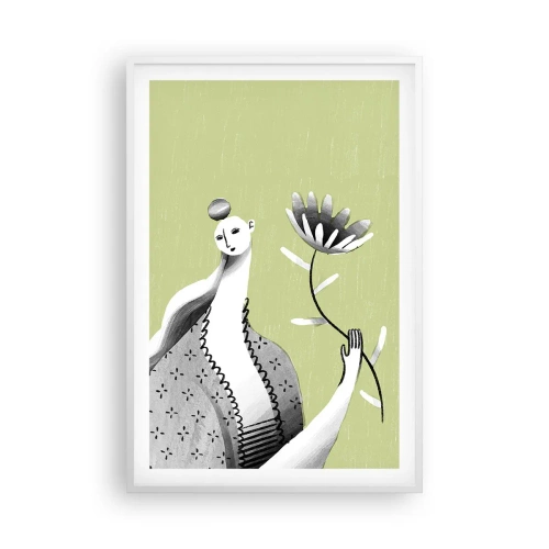 Affisch i vit ram - Modernistiskt porträtt - håller i en blomma - 61x91 cm