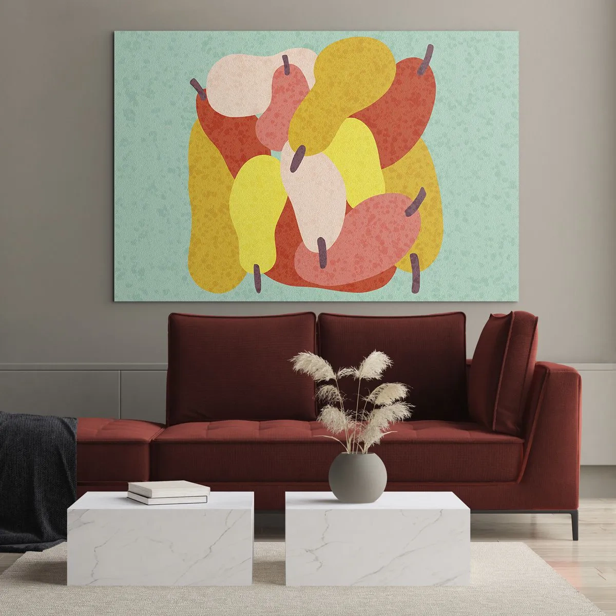 Glastavla - Bild på glas - Färgglada päron i grafisk stil mot turkos bakgrund - 70x50cm - Smaka på sommarsolen - Modern väggdekoration för vardagsrum och sovrum ARTTOR