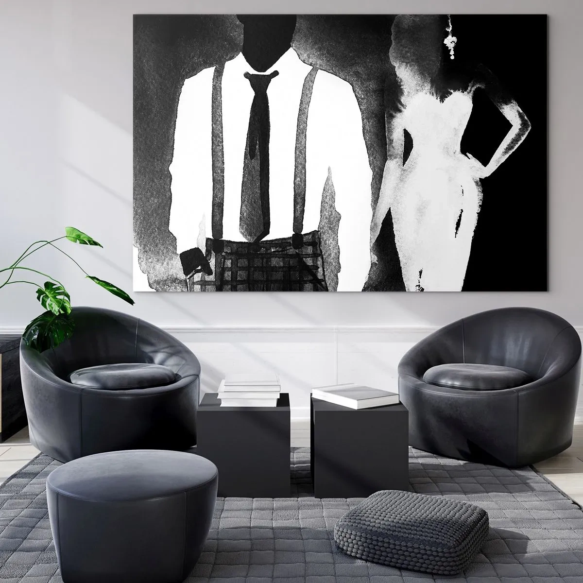 Glastavla - Bild på glas - Svartvit silhuett av ett elegant noir-par - 70x50cm - Noir stämning - Modern väggdekoration för vardagsrum och sovrum ARTTOR